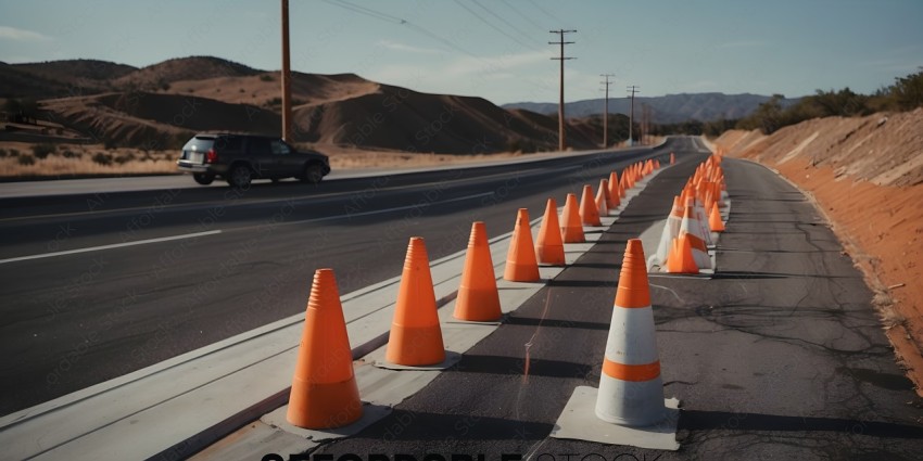 Orange cones lined up on the side of a road