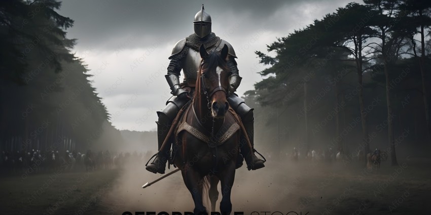 Knight on horseback in a dusty field