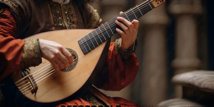 A person wearing a costume is playing a guitar