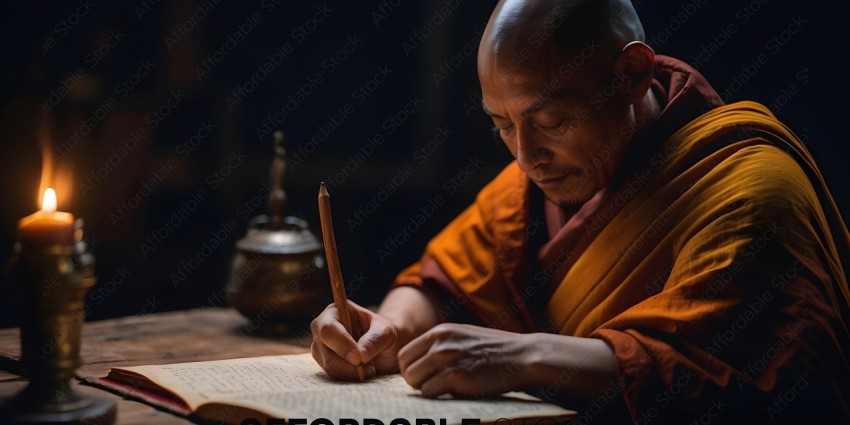 A man in a robe is writing on a piece of paper