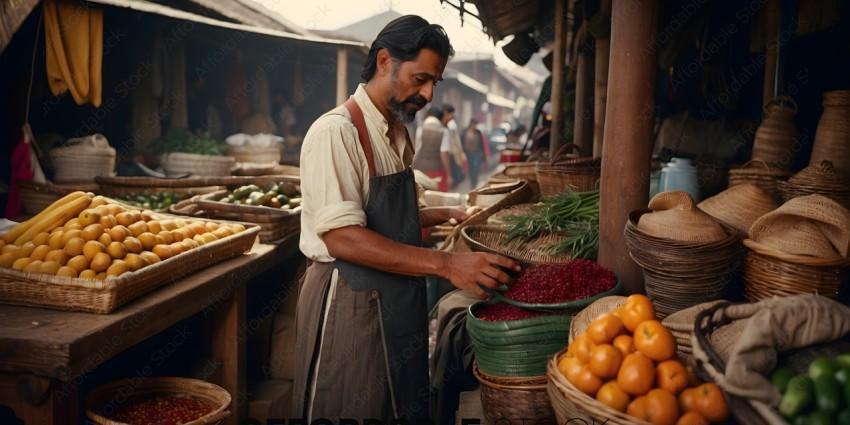 Man in apron selling produce at market
