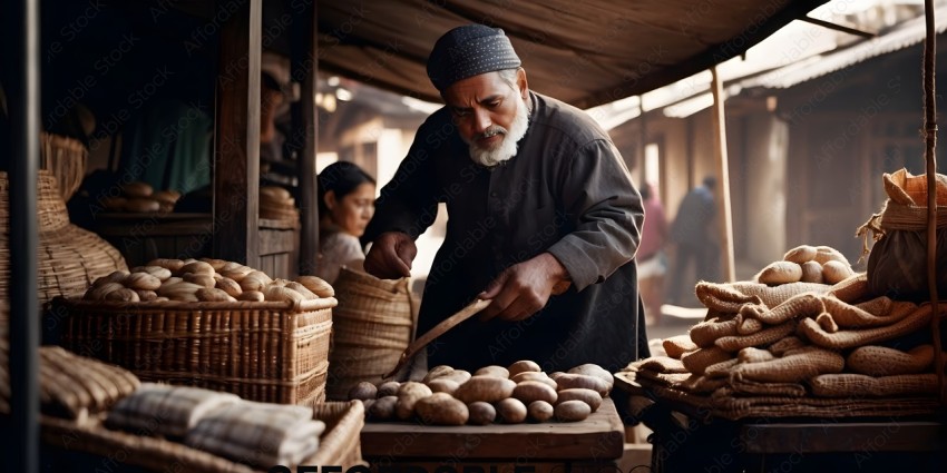 A man in a dark shirt and turban is slicing potatoes