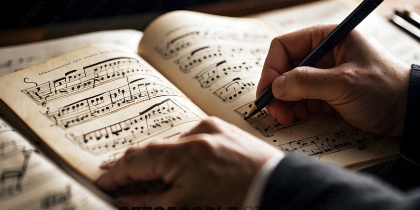 A person writing on a music score with a pencil