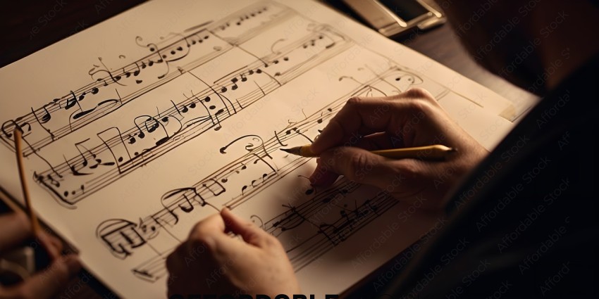 A person is writing music on a piece of paper