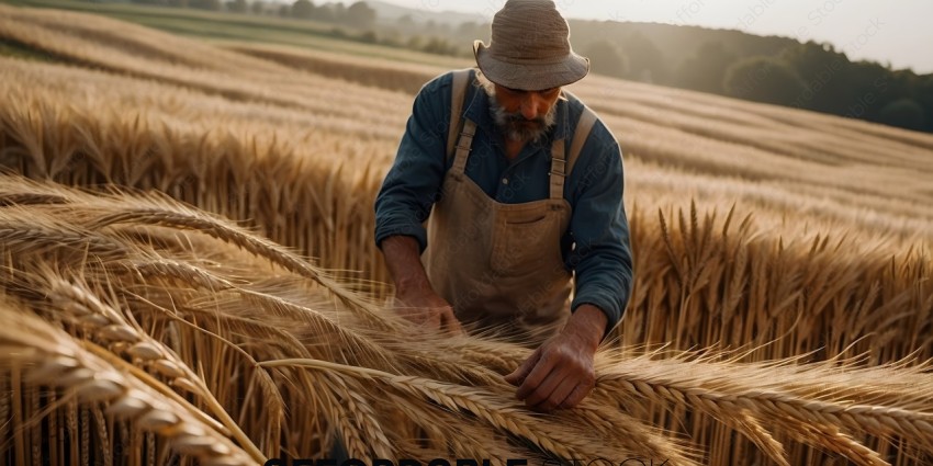Man wearing a hat and blue shirt harvesting wheat