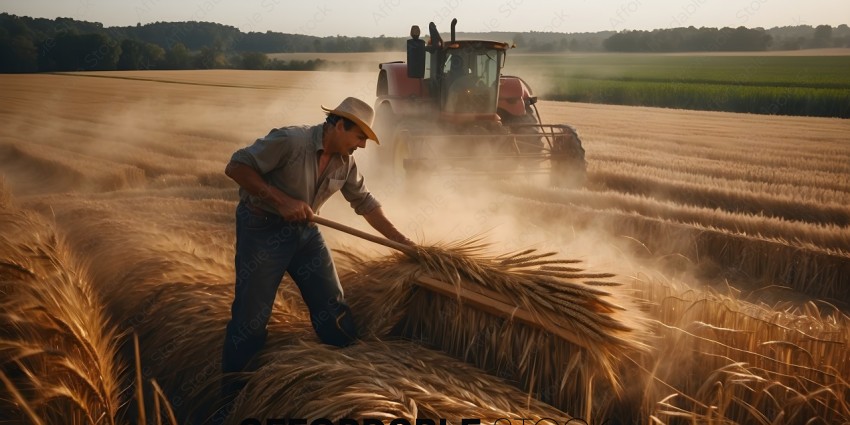 Man harvesting wheat in a field with a tractor