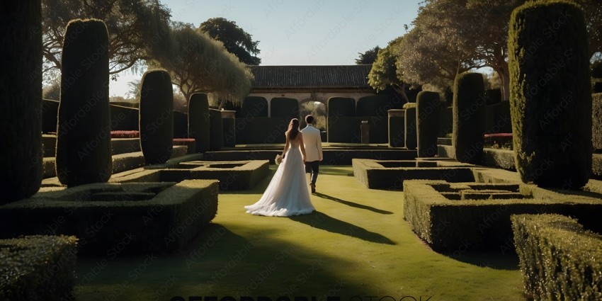 A Bride and Groom Walking in a Garden
