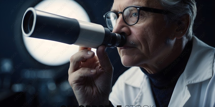 A man wearing glasses and a white coat is looking through a microscope