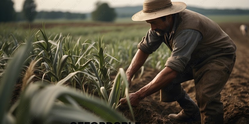 Man wearing a straw hat, bending over to pick a plant