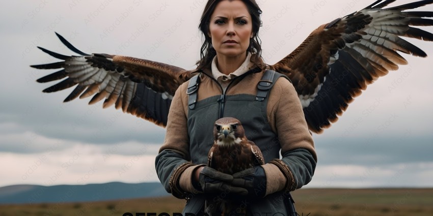 A woman holding a bird of prey