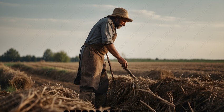 Man in overalls and straw hat harvesting hay