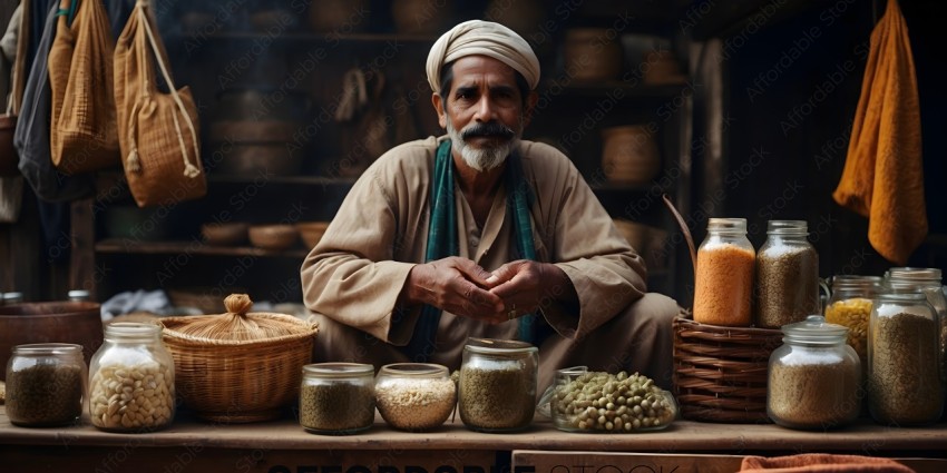 A man with a beard and a green scarf sits in front of jars of food