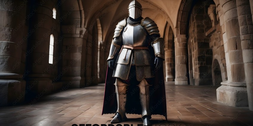 A man in a suit of armor stands in a hallway