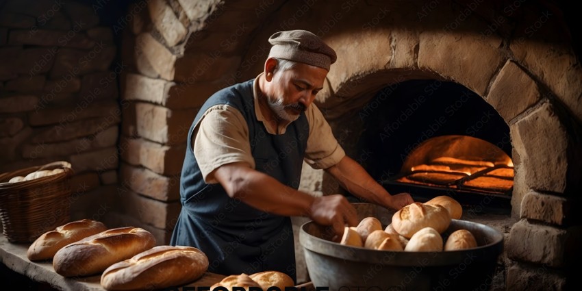 A man in a brown apron is making bread