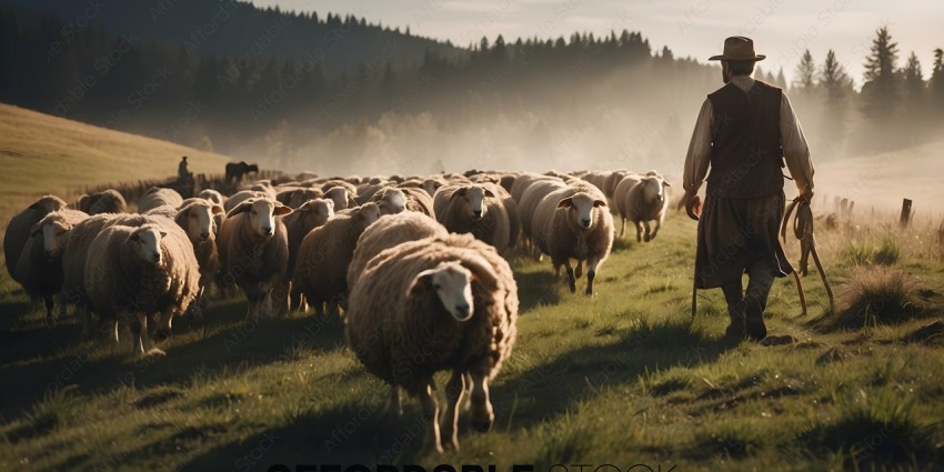 A shepherd herds his sheep in a mountainous area