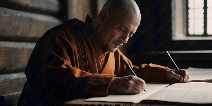 A bald man in a brown robe writing with a pen