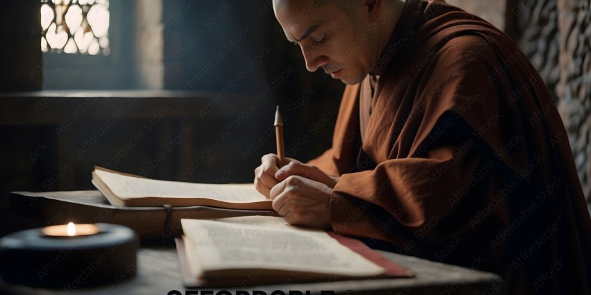 A man in a brown robe is writing in a book