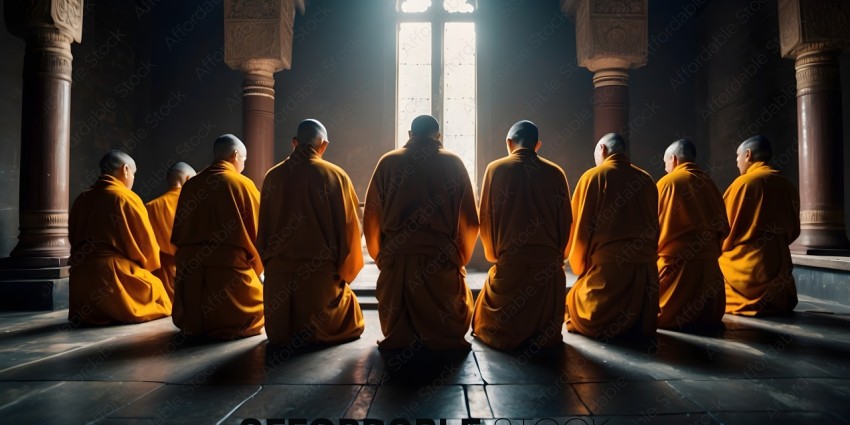 Buddhist monks in yellow robes sitting in a circle