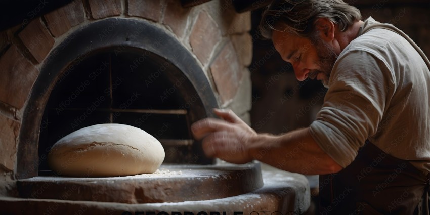 Man kneading dough in a wood-fired oven