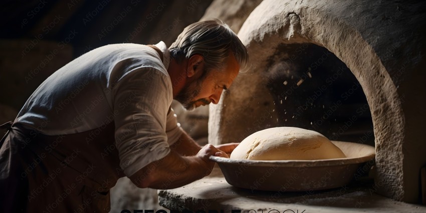 A man kneels down to work with dough
