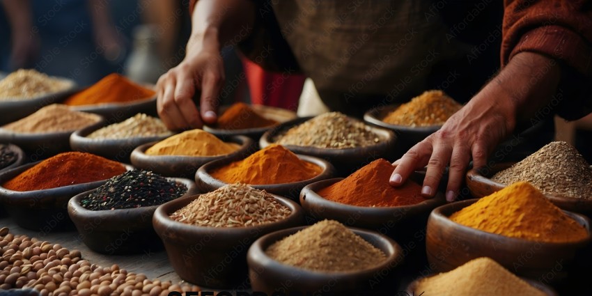 A person is reaching for a bowl of spices