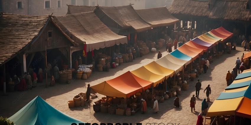 Marketplace with colorful tents and people shopping