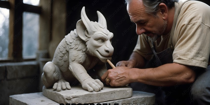 A man is carving a statue of a demon