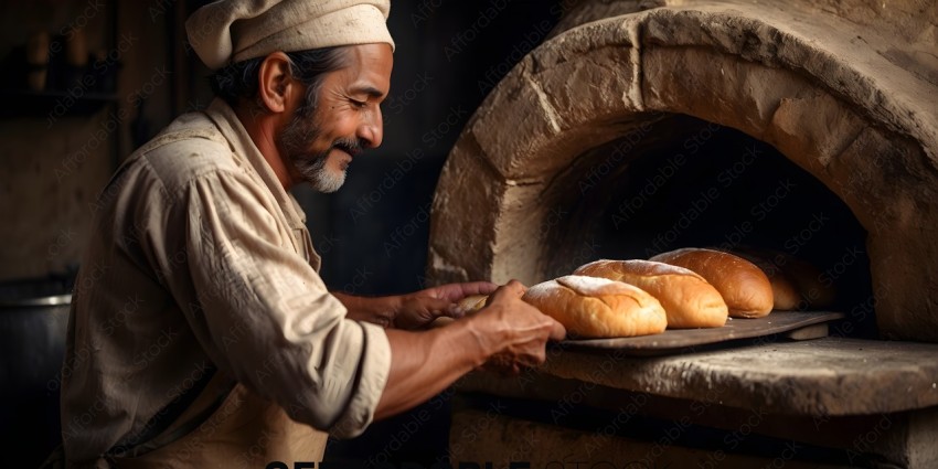 A man in a tan apron is holding a tray of bread