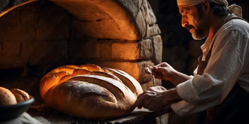 A man is cutting a loaf of bread