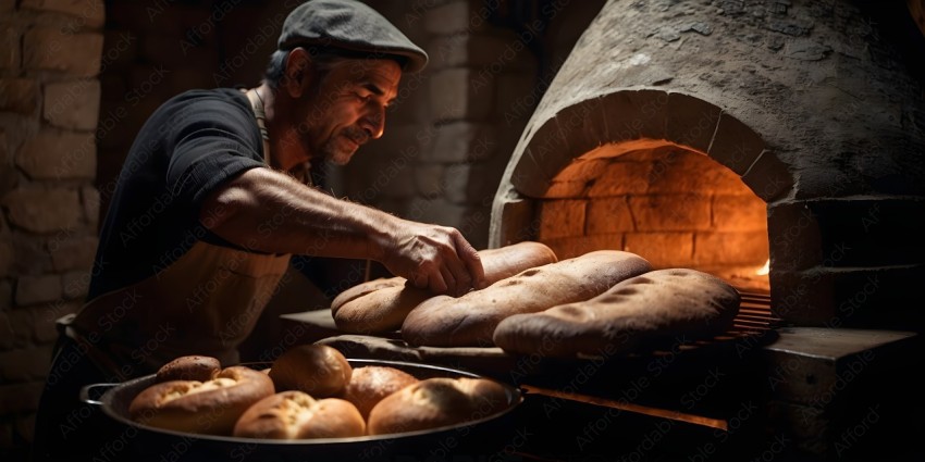 A man in an apron is baking bread