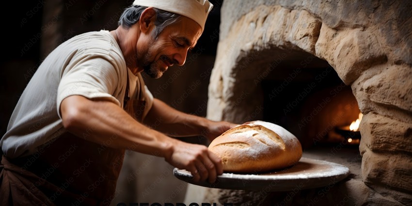 A man in a bakery holding a loaf of bread