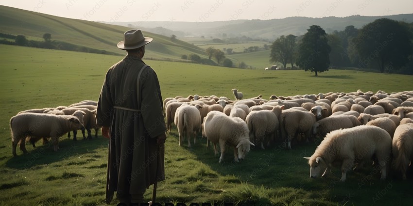 A man in a long coat stands in a field with a herd of sheep