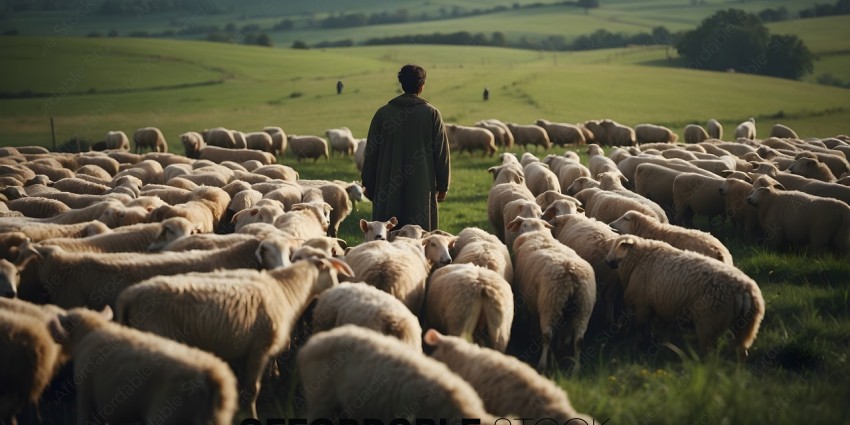A man standing in a field with a herd of sheep