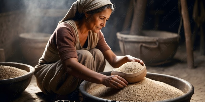 A woman in a brown dress is holding a bowl of grain