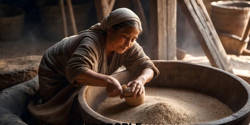 A woman in a brown robe is pouring something into a bowl