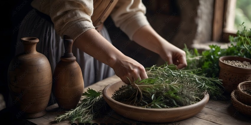 A person is picking herbs from a bowl