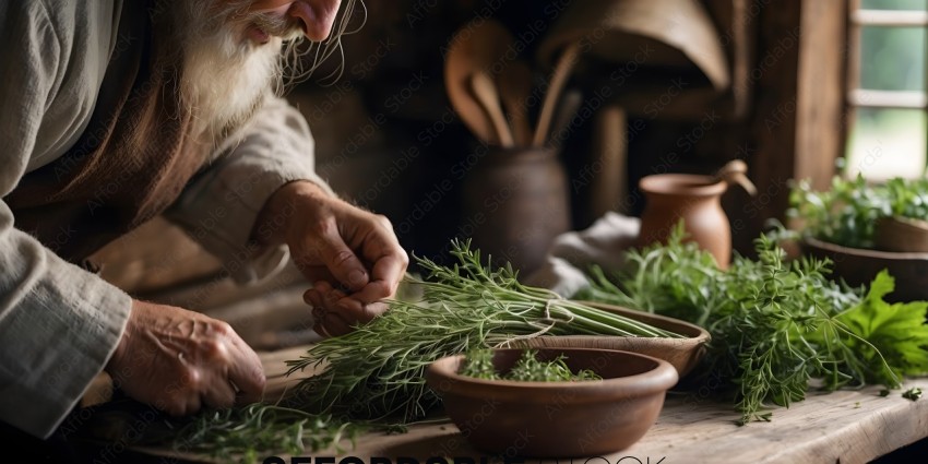An old man prepares fresh herbs for a meal