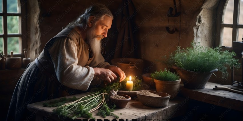 An old man prepares a meal with fresh herbs
