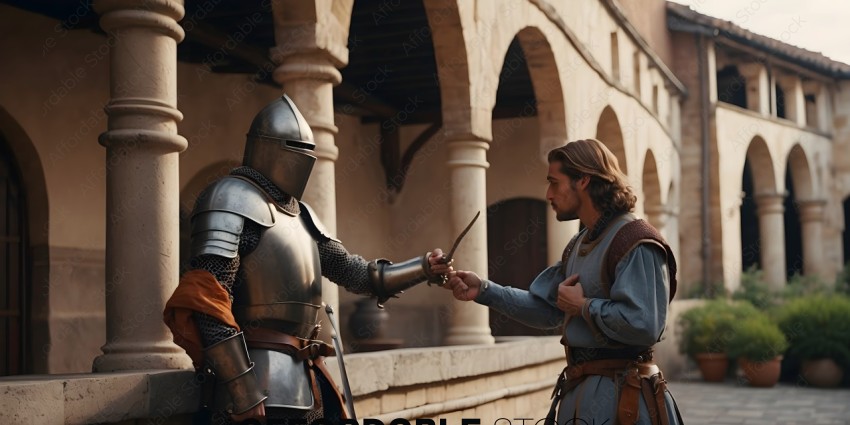Two men dressed in medieval armor shake hands