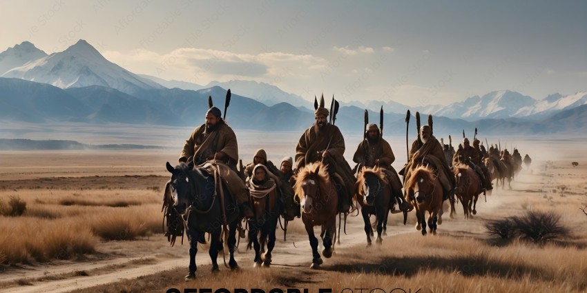 A group of men riding horses in a desert landscape