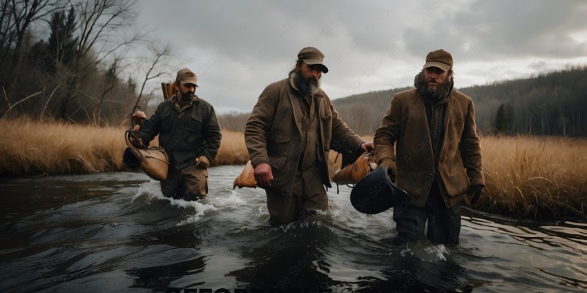 Men wading through a river with buckets