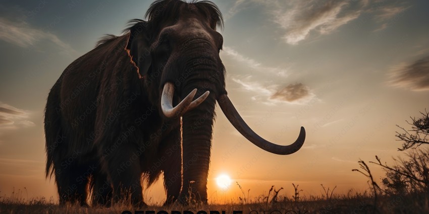 An elephant with tusks standing in the grass at sunset