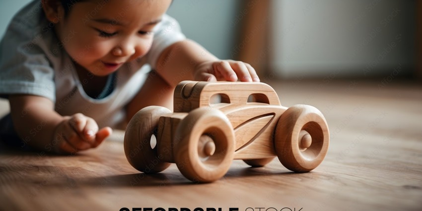 A young child playing with a wooden toy car
