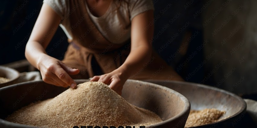 A woman in a brown apron is scooping grain into a large bowl