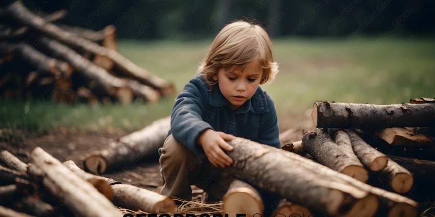 A young boy playing with a pile of logs