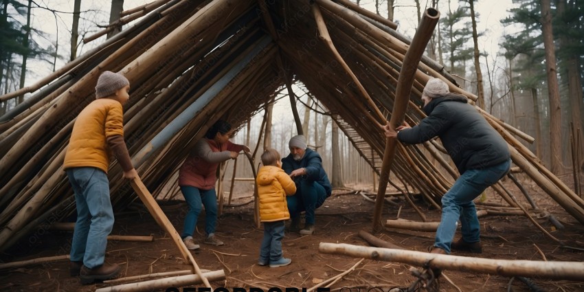 A group of people in a hut made of sticks