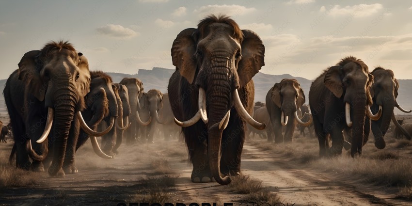 A herd of elephants walking in a line