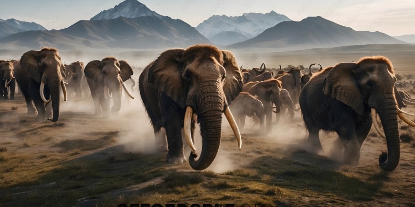 Elephants in a field with mountains in the background