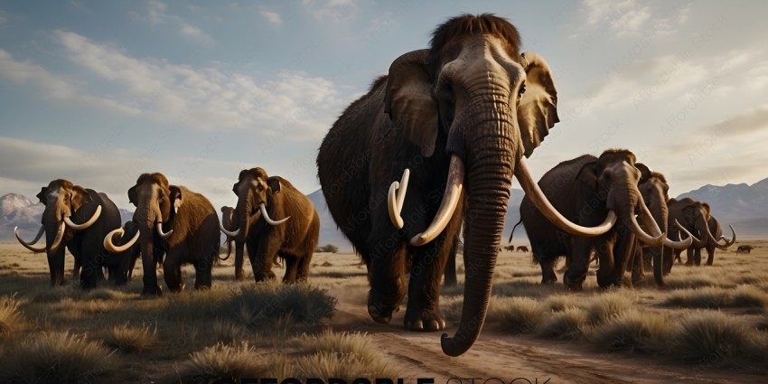 Elephants walking in a line through a desert landscape