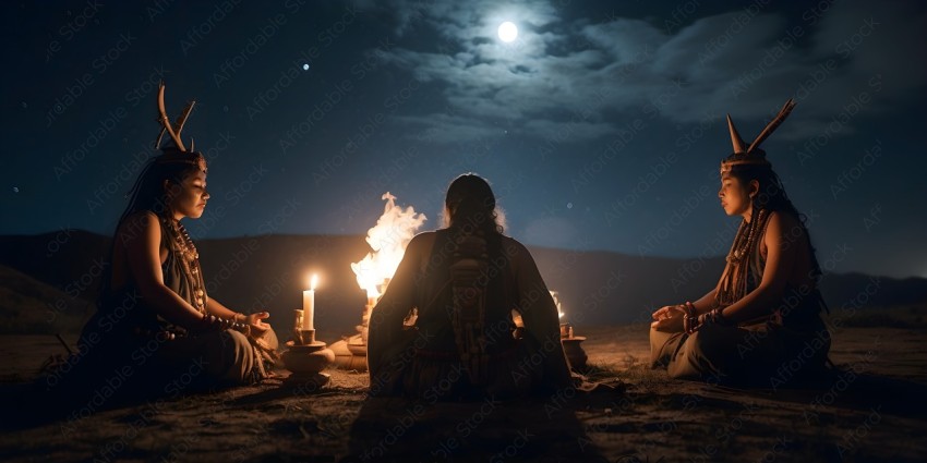 A person sitting in front of a fire with a full moon in the background